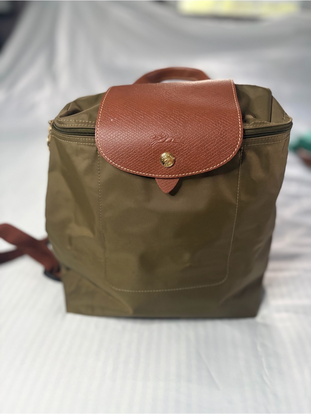 Longchamp Olive Green Nylon Backpack with Brown Leather Flap